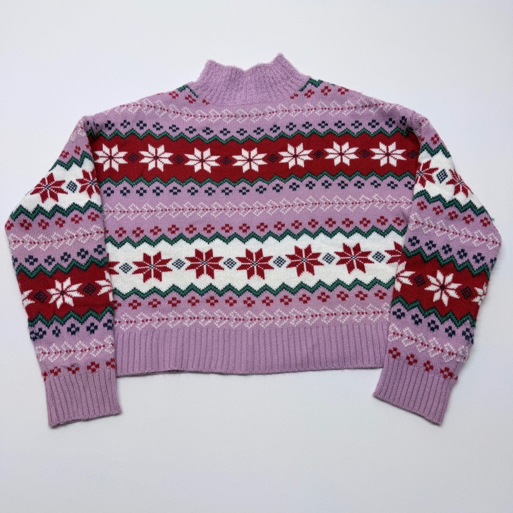 33 Degrees Purple Fair Isle Snowflake Cropped Mock Neck Sweater Large
